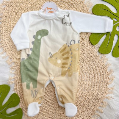 Macacão em Soft Dinossauros - Off White e Verde